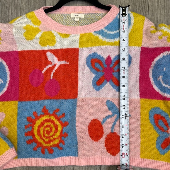 Patchwork Graphic Sweater Smiley Face Flower Dopamine Knit Size S - Picture 10 of 11